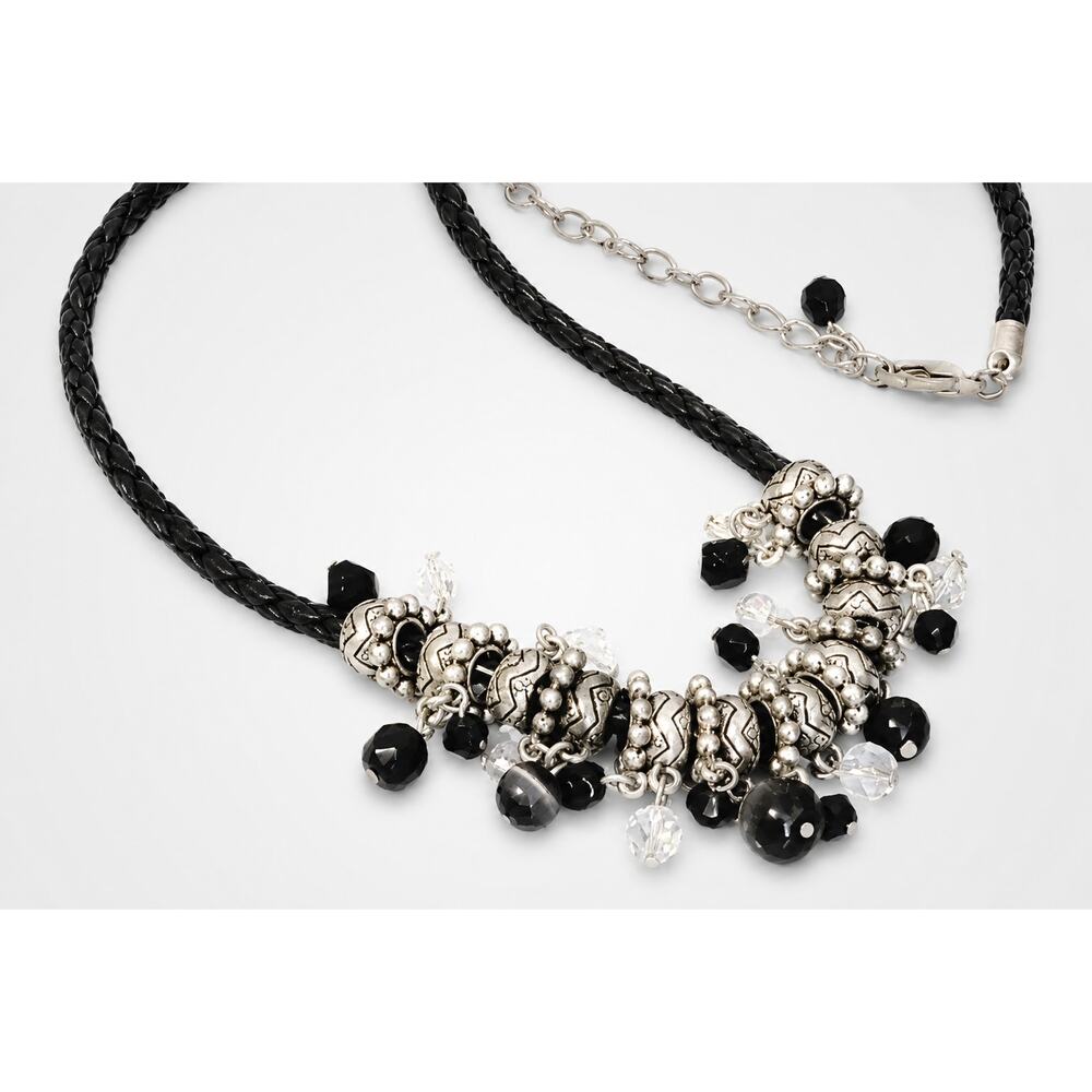 Southwestern Black Necklace Silver‎ Beaded Leather Statement 18" bk01-48